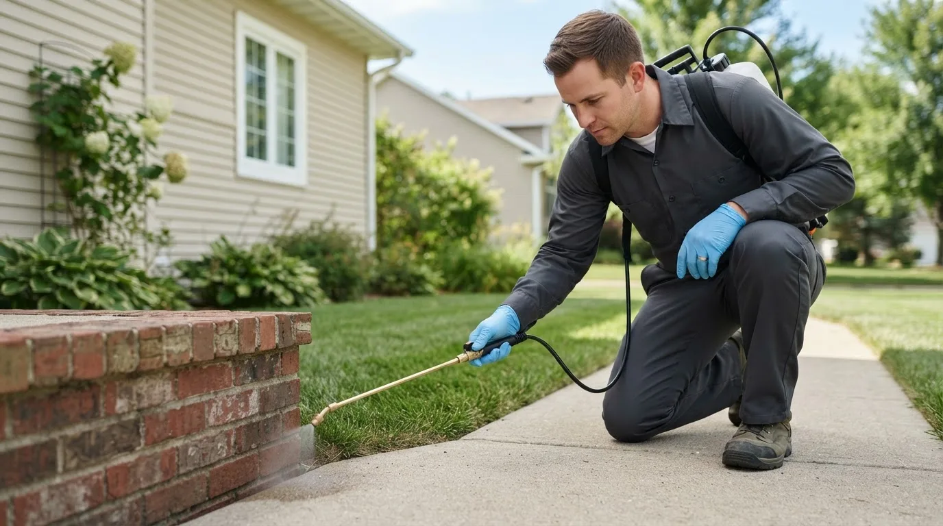 Pest control technician treating a home near Ruffs Dale, PA