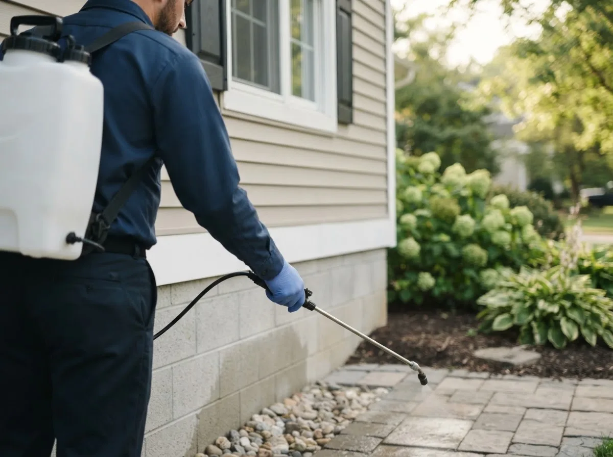 Pest control technician inspecting a home in Ruffs Dale, PA